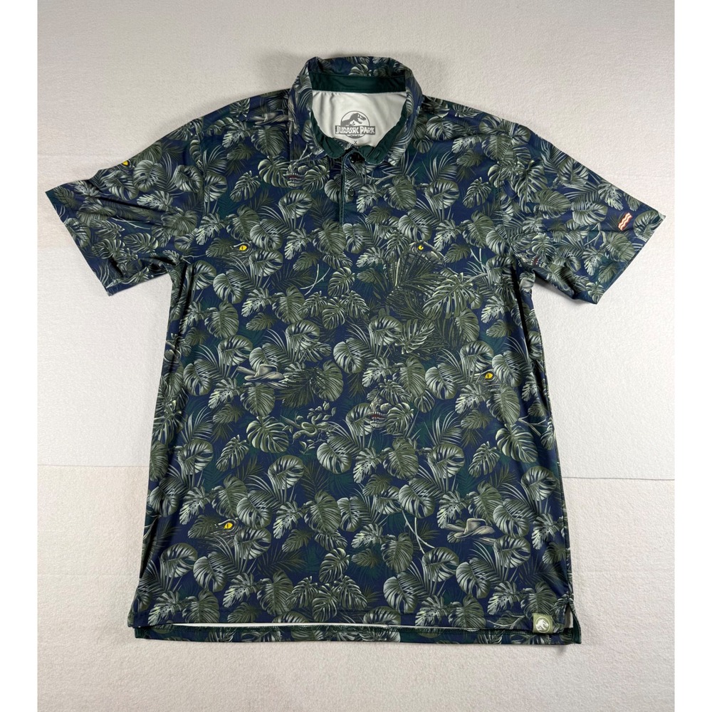 RSVLTS Jurassic Park Breakfast Balls Golf Polo Shirt Mens L Tropical Green Navy